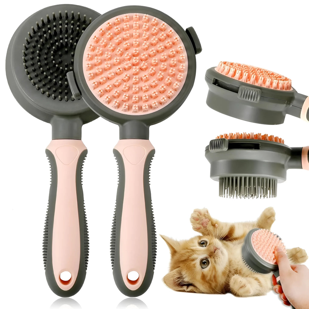 Double-sided cat brush with release button and included flea comb for pet grooming