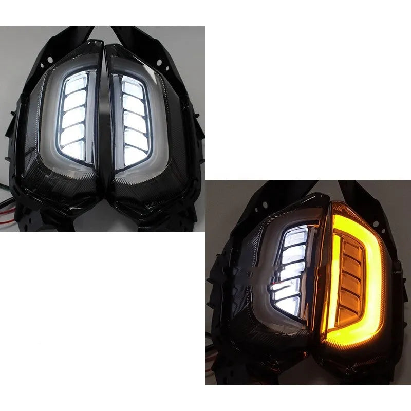 Pair of LED turn signal lights for Yamaha NMAX155 scooter in blue and yellow colour.