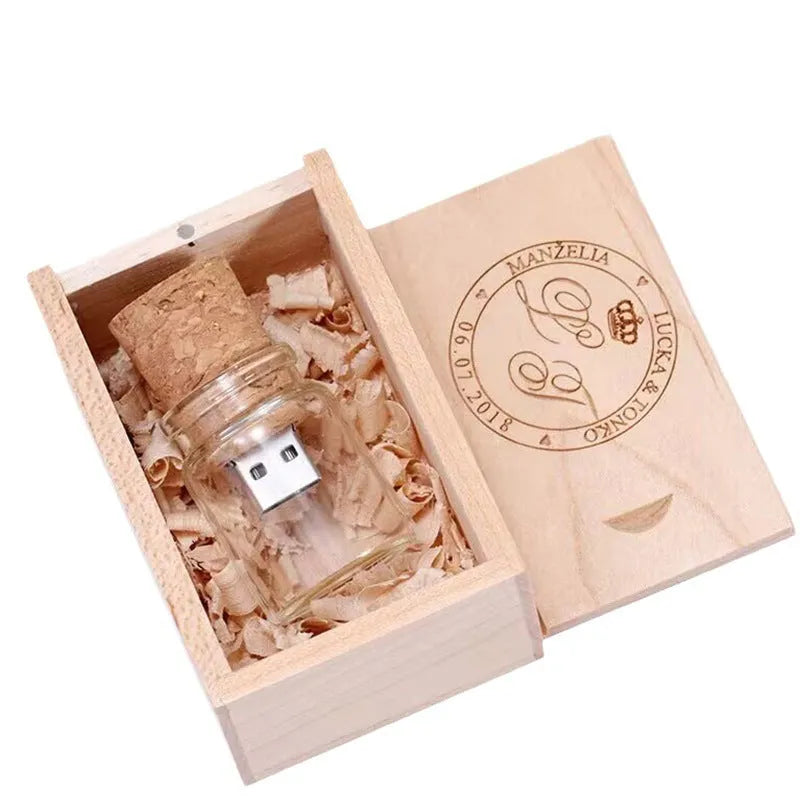 Wooden wish drift bottle shaped USB flash drive with transparent casing on display.