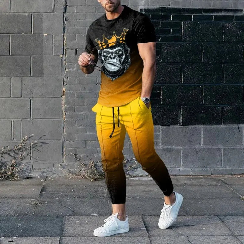 Men's short sleeve round neck T-shirt and matching trousers set in a light grey colour.