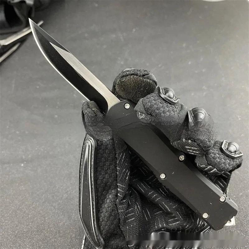 Outdoor camping portable tactical sheath folding knife with black brushed 440C blade and zinc alloy handle