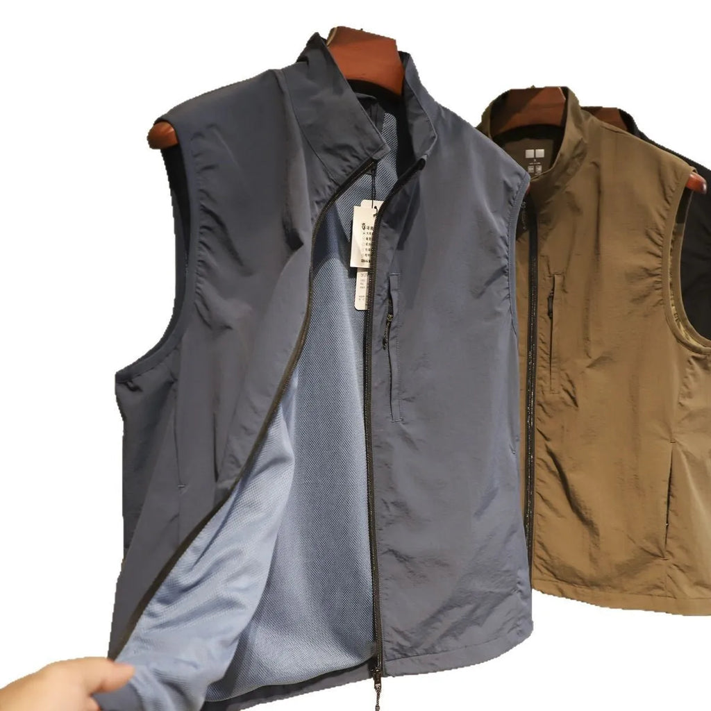 Men's thin nylon vest in Army Green, showing cardigan style and side seam pocket.