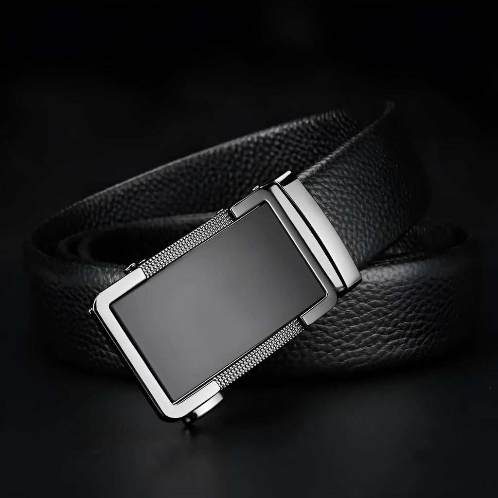 Men's leather belt with an automatic comfort click buckle in gun black, silver, or gold colour