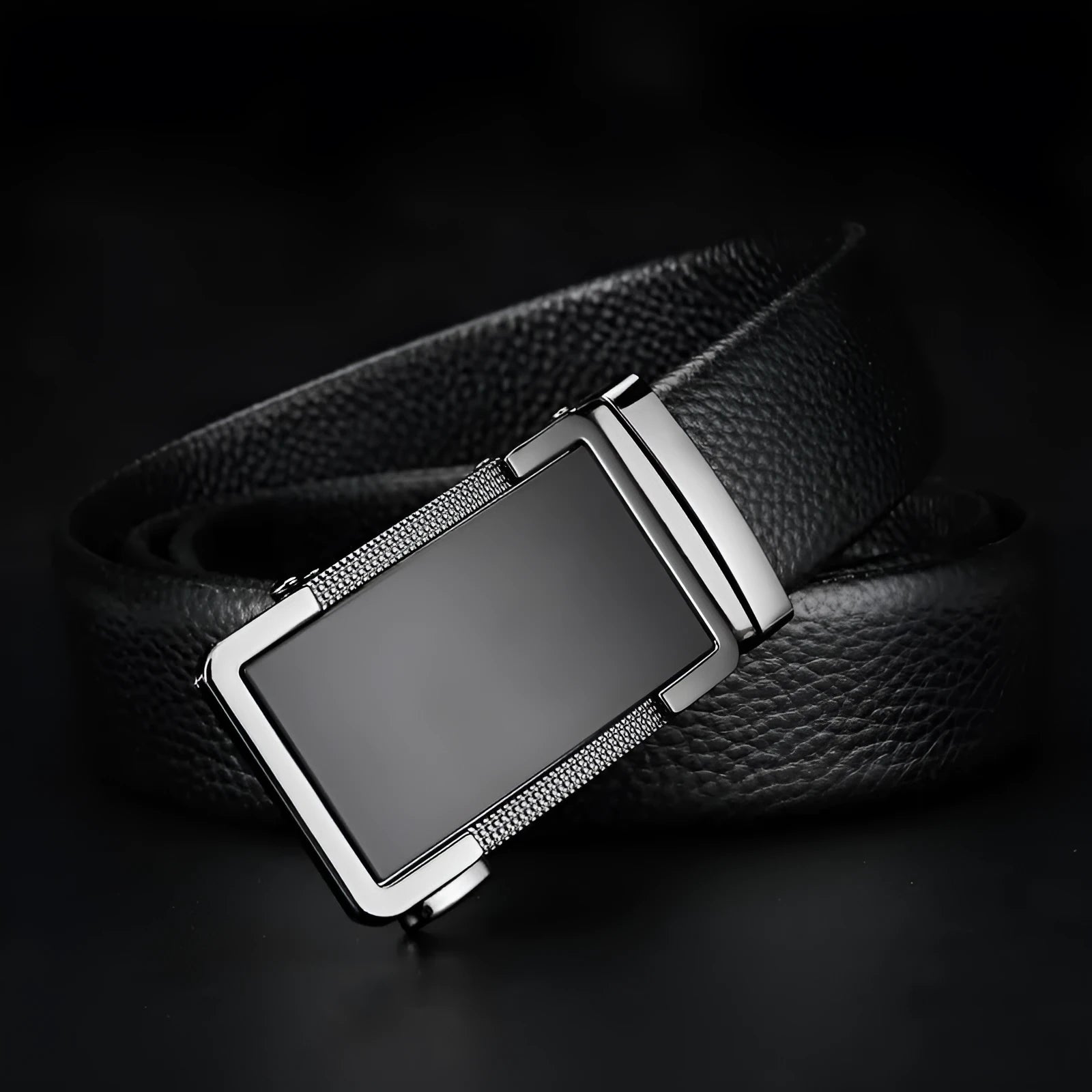 Men's leather belt with an automatic comfort click buckle in gun black, silver, or gold colour