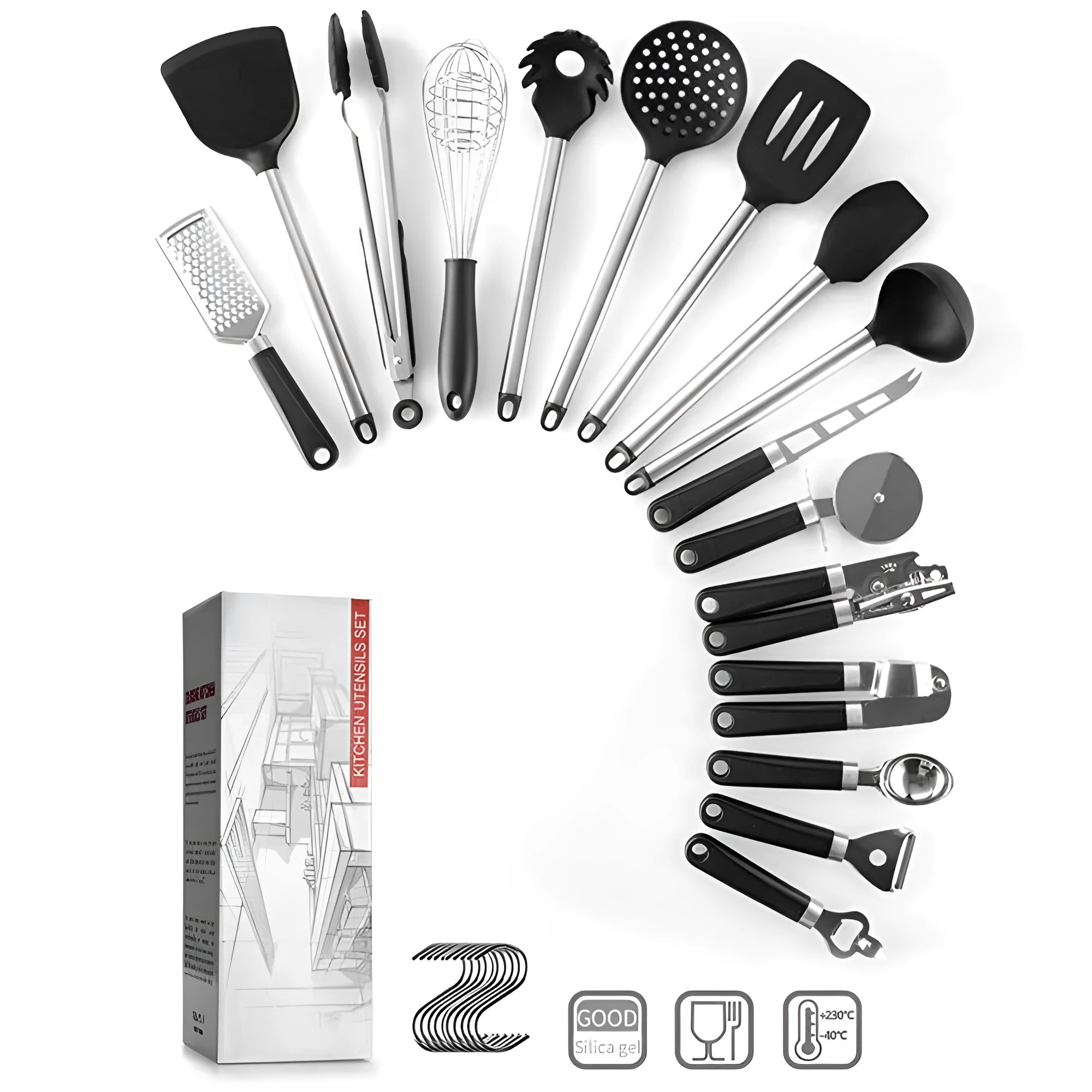 Black silicone kitchen spatula spoon set with stainless steel handles, 16 pieces for cooking and baking