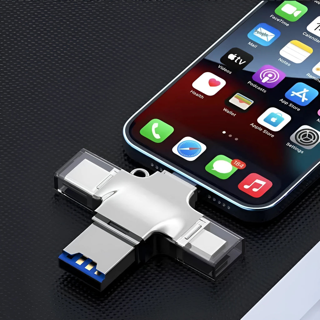 Silver zinc alloy multi-functional card reader with USB 2.0 and Lightning Type-C Micro USB interfaces