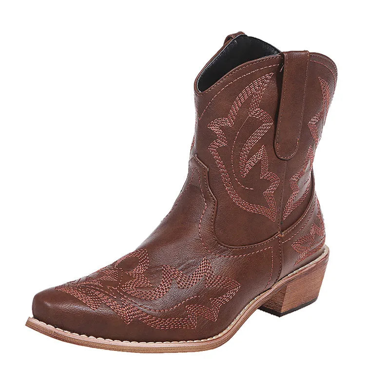 Blue women's cowboy boots with embroidery on the shaft and a low wedge heel.