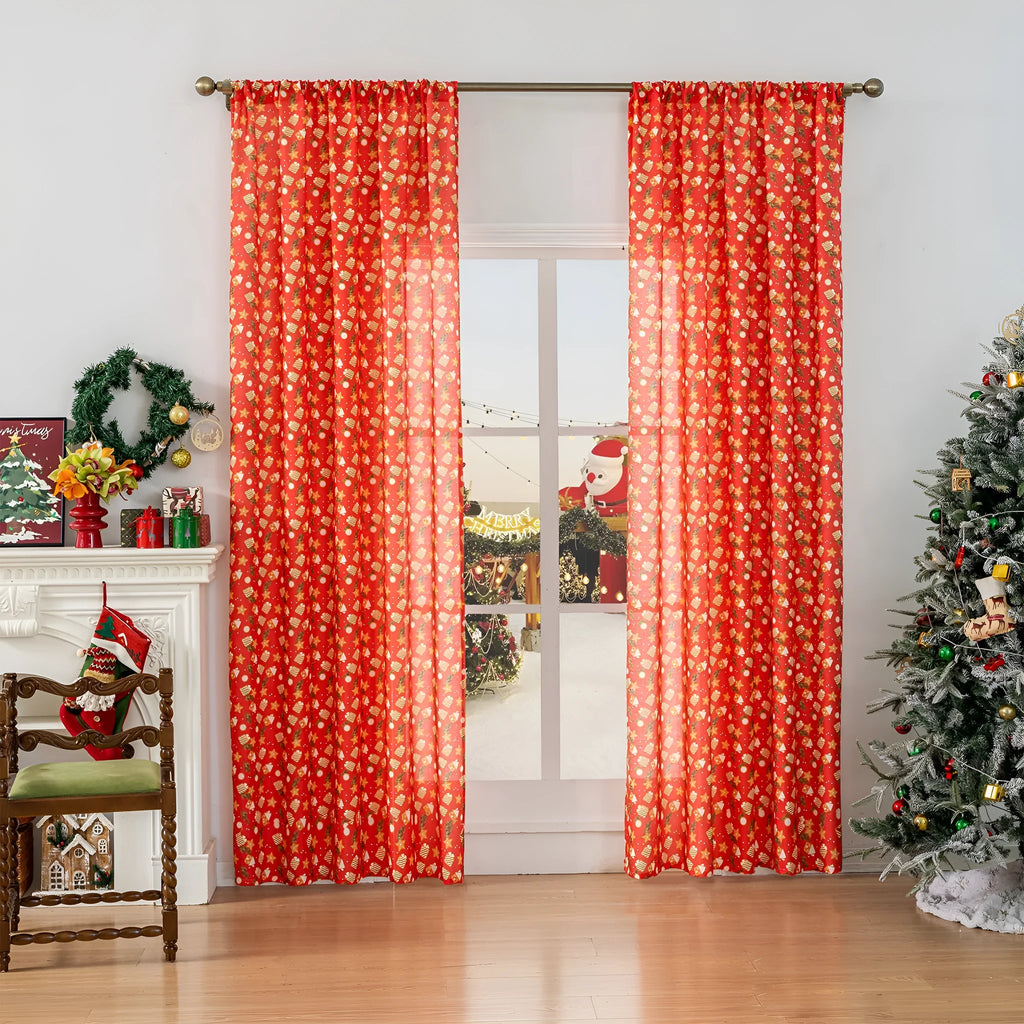 Green and red snowman angel print Christmas curtain with windproof semi-sun shade function