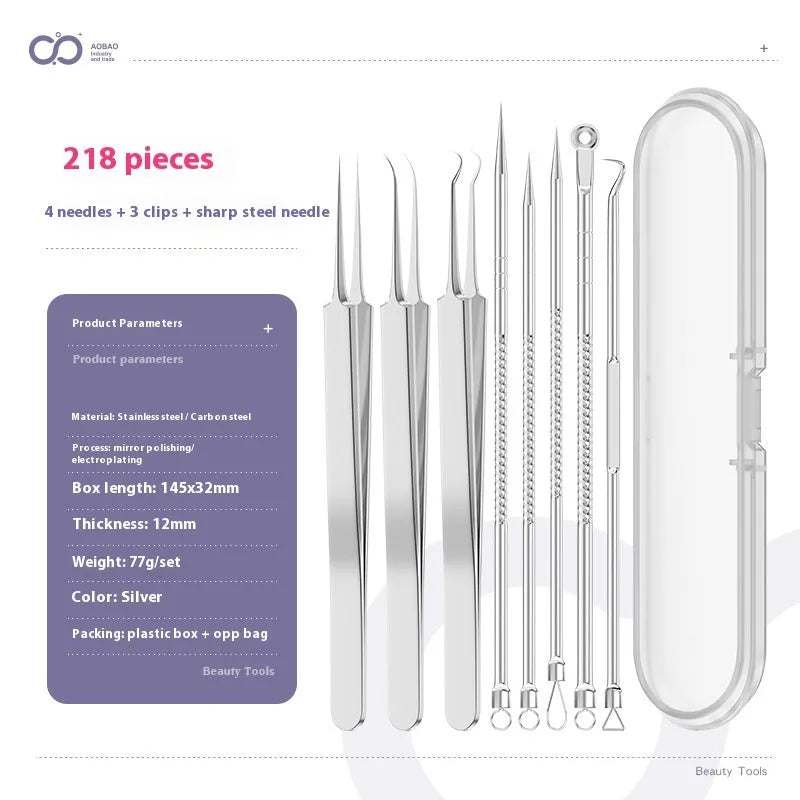 Four silver metal acne needles with fine pointed tips laid out on a flat surface.