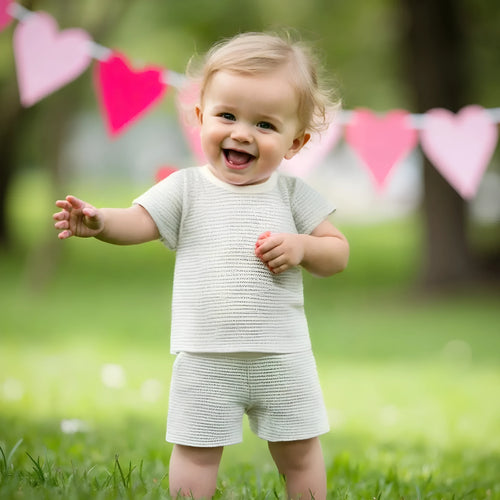Baby and infant cotton striped short sleeve top and shorts suit in blue, green, and khaki colour options