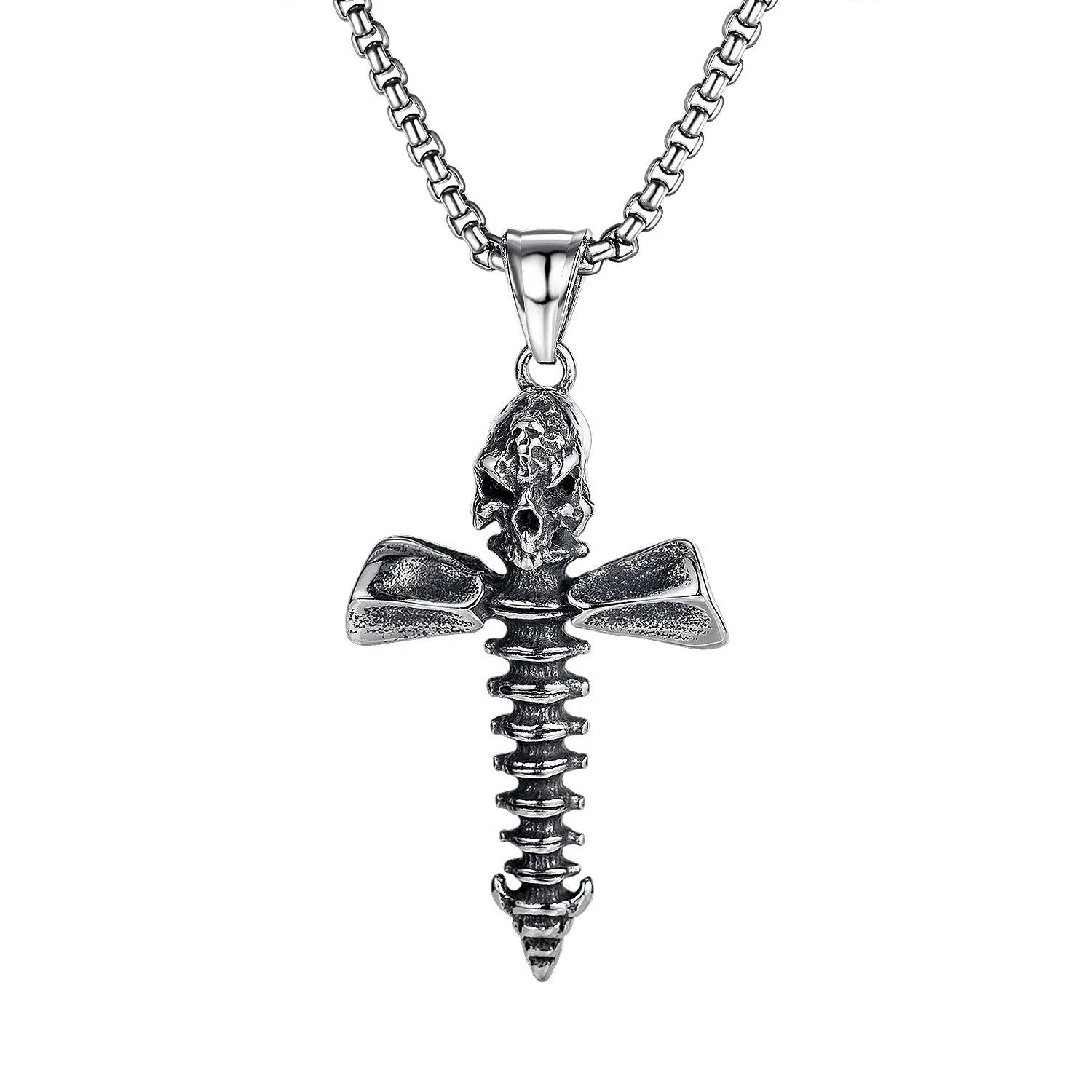 Men's stainless steel necklace with electroplated silver skull pendant in six design variations