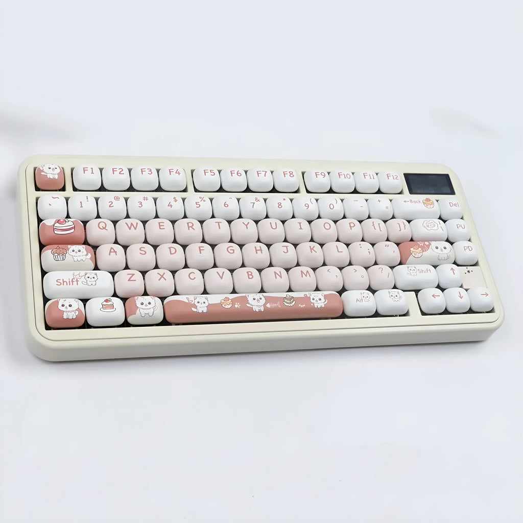 Dessert Cat MOG round sublimation key cap set for mechanical keyboards, shown in cartoon anime design.