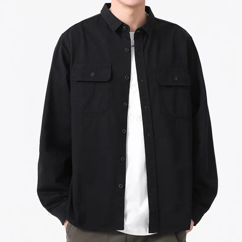 Men's loose cardigan-style long sleeve shirt in light grey, black, khaki or green colours