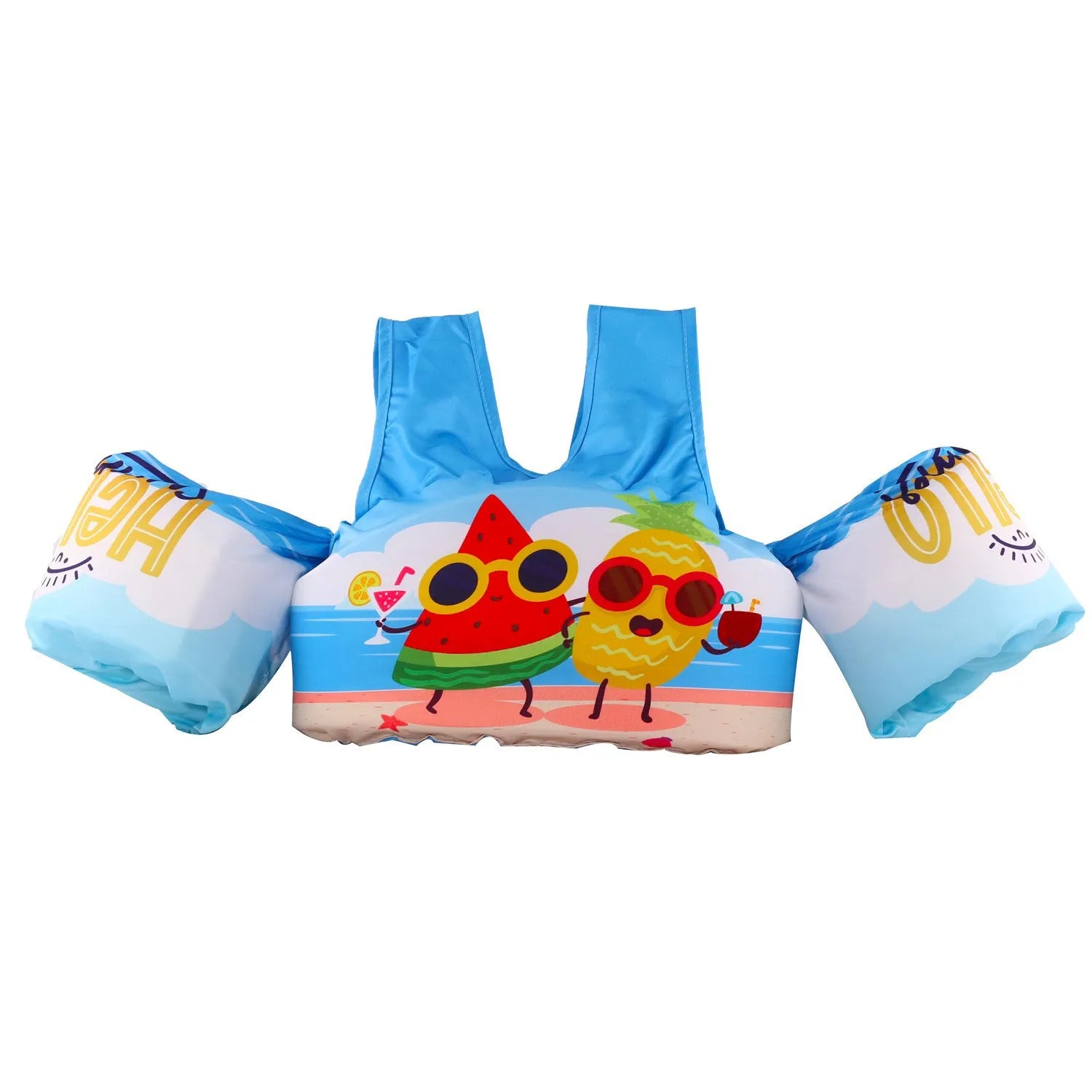 Colourful cartoon children's swimsuit with integrated arm swimming rings in a lobster design.