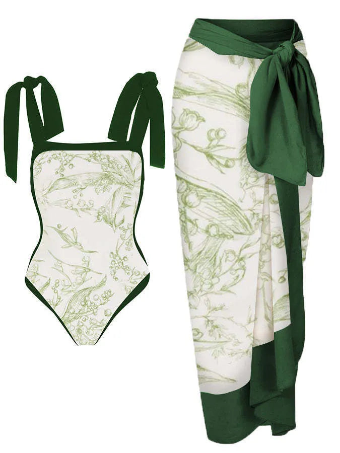 Women's floral print chiffon swimsuit two-piece set with matching hip skirt