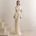 Long sleeve high collar slim fit pleated backless dress in polyester fabric