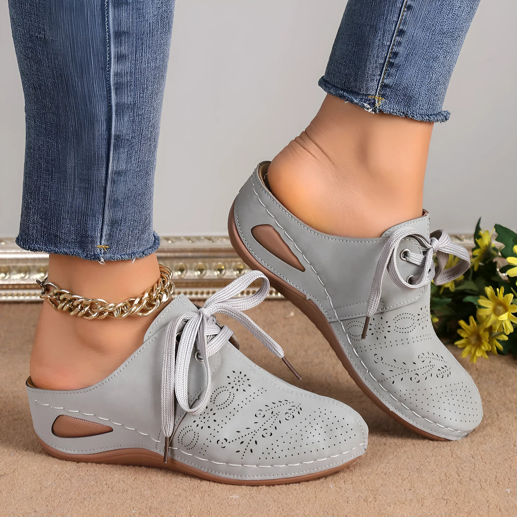 Women's baotou design lace-up wedge slippers with hollow out construction in suede upper