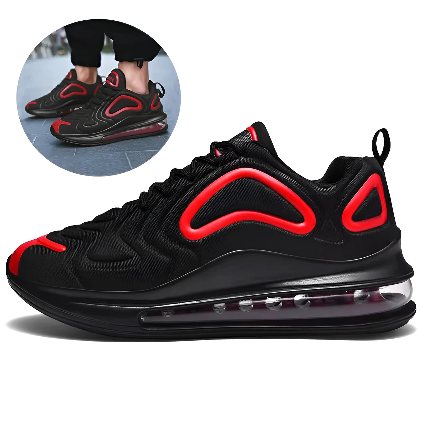 Men's black casual air cushion sneakers with a thick sole and round toe design.