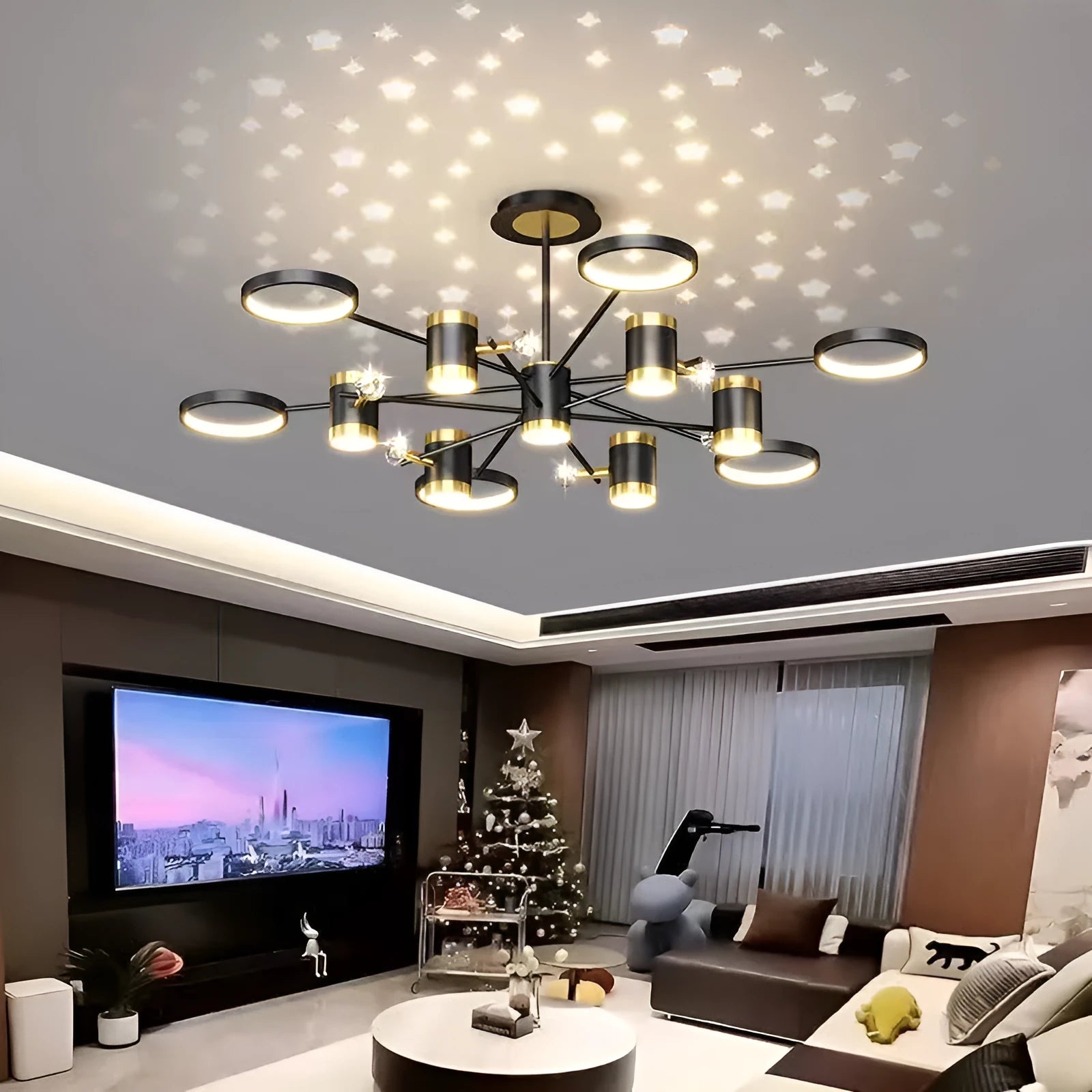 Black Nordic-style star-shaped iron pendant light chandelier with 13 lights hanging from a ceiling.