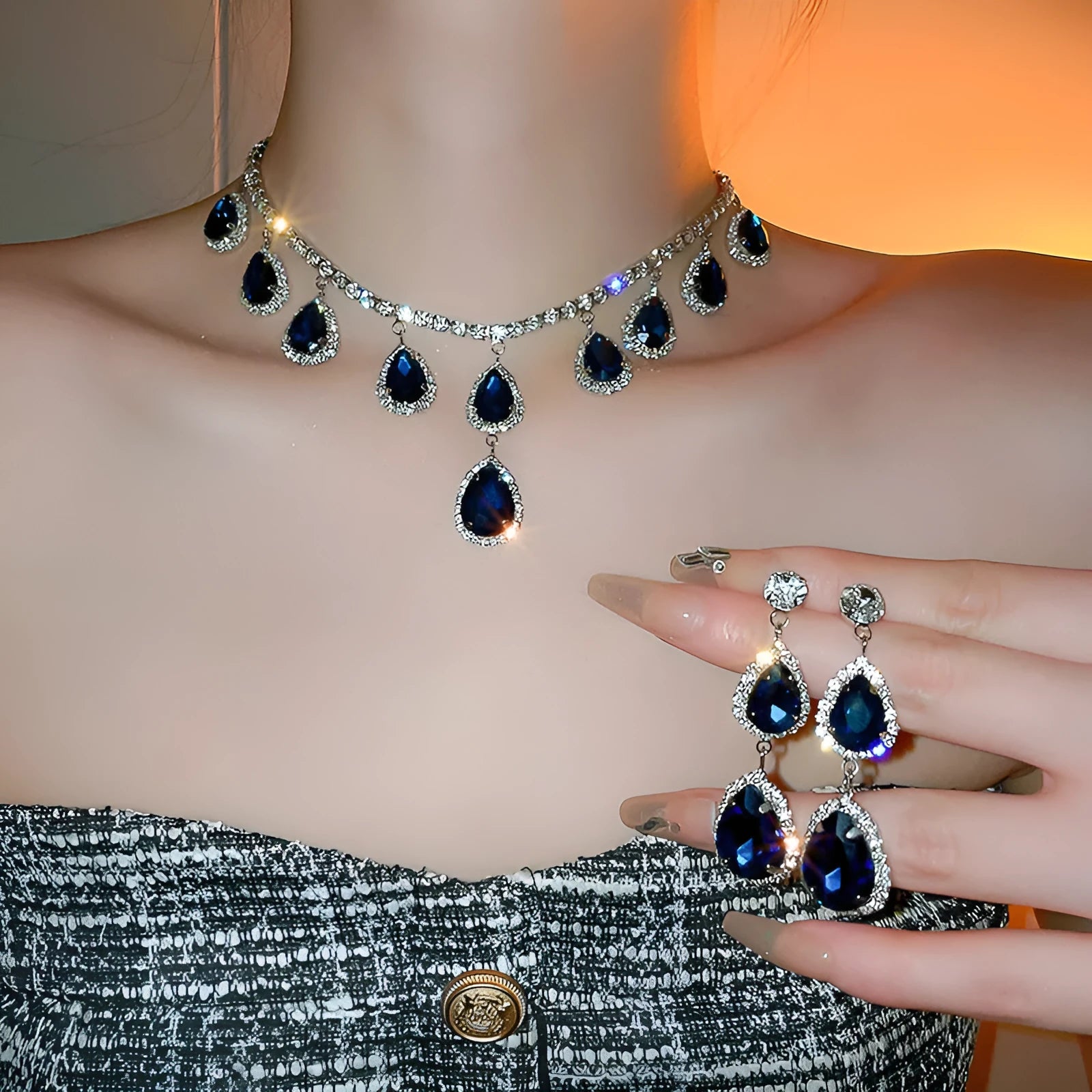 Silver needle water drop earrings and necklace set in blue and silver blue with alloy and zircon pendant