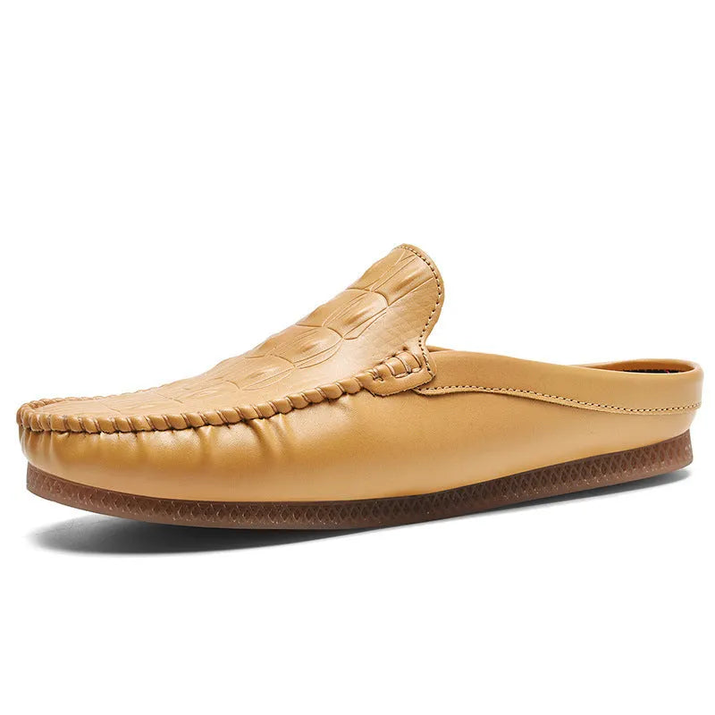 Men's black breathable semi-slippers with an artificial PU upper and rubber sole, shown from the side.