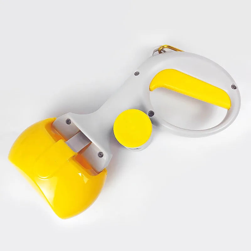 A blue plastic pet pooper scooper with a built-in holder for a roll of waste bags.