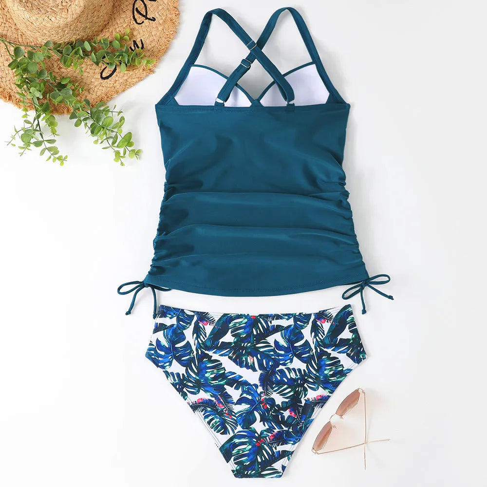Women's high-waisted bikini set in nylon fabric shown in black, green, and leopard print colours.