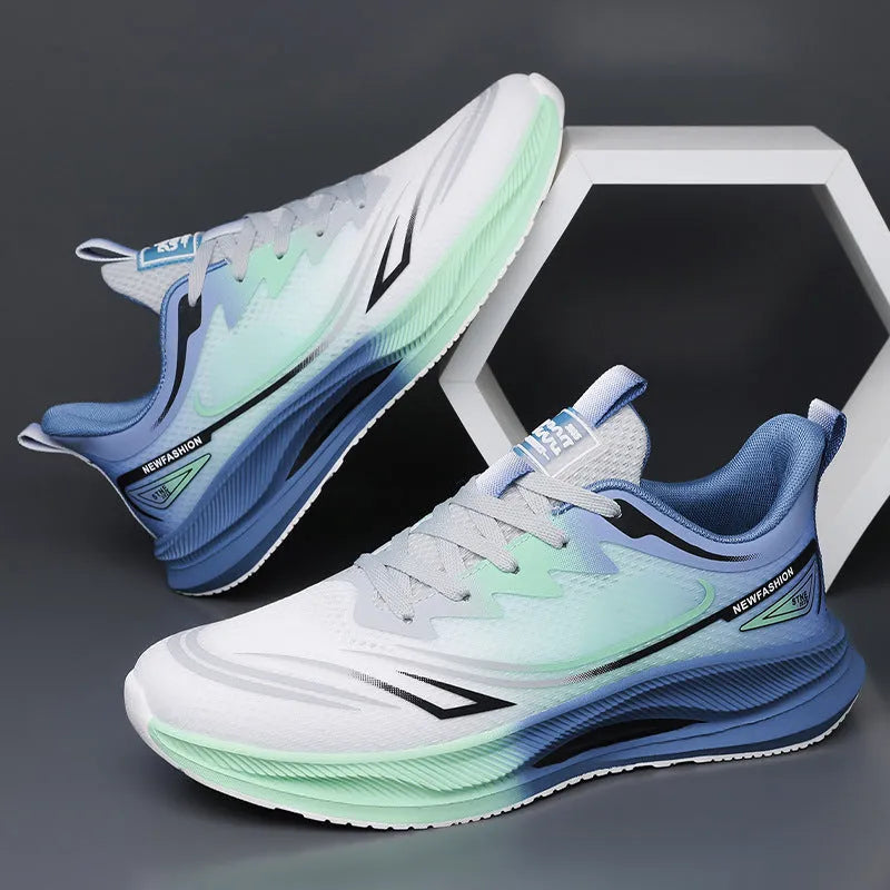Men's low-top casual shoes in mesh with round toe and rubber sole, shown in black, blue, and grey-green colours.