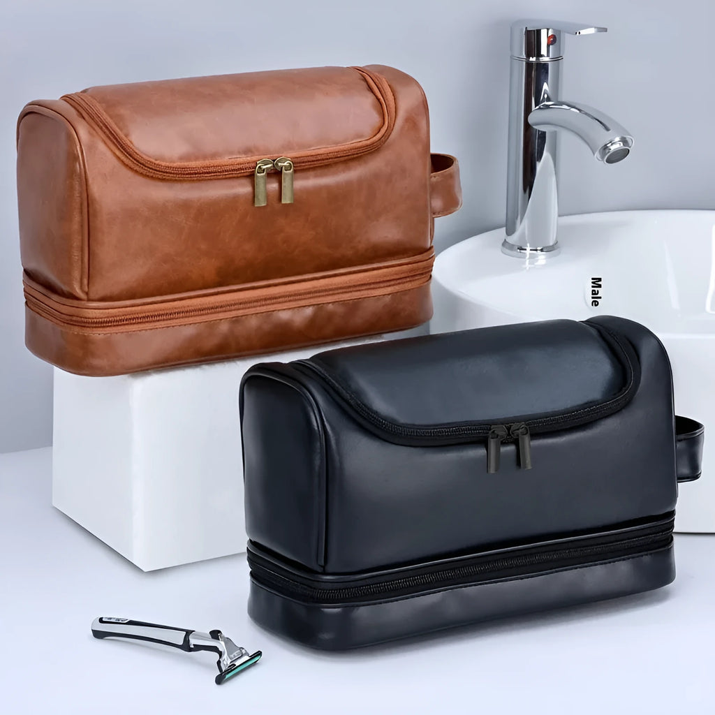 Leather travel toiletry bag in brown with hook, showing main compartment and portable design