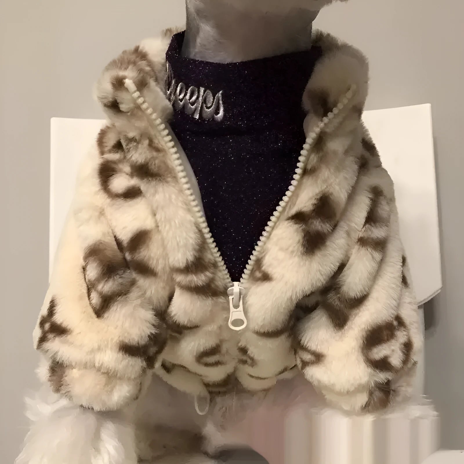 Dog wearing autumn winter polyester smoked fur coat in LV presbyopic fur colour, British style, available in sizes XS-XL