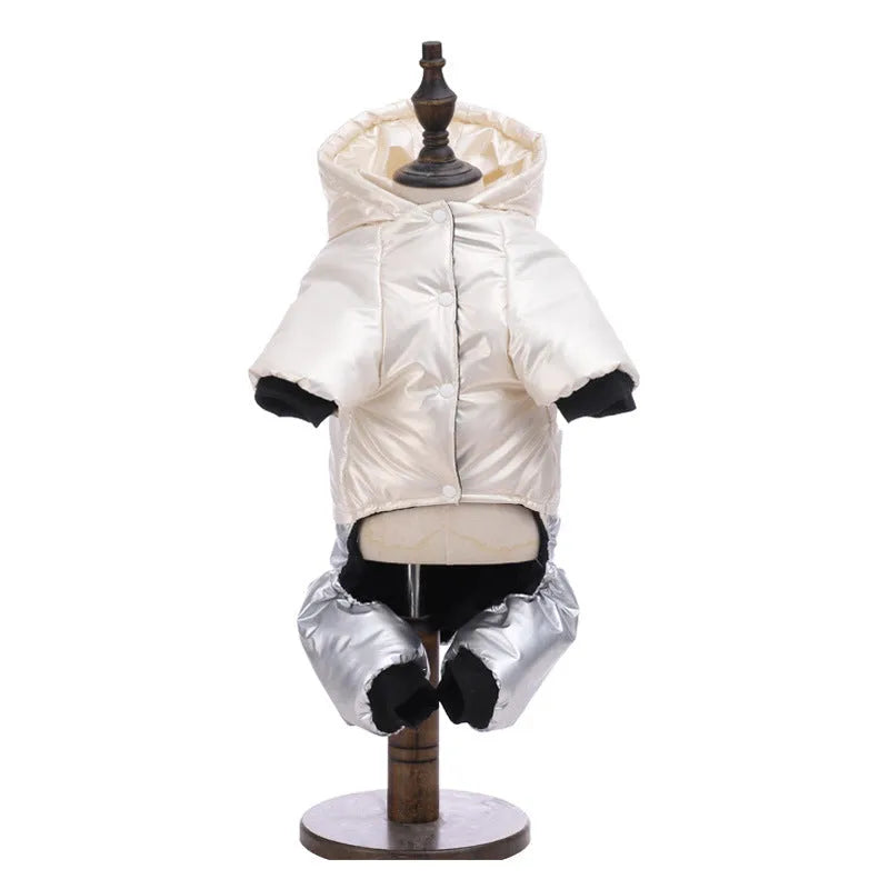 Green waterproof dog winter coat with four-leg design on medium-sized dog
