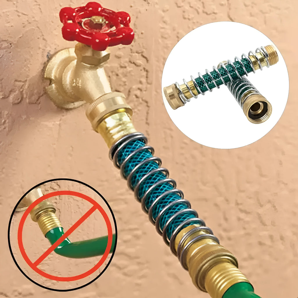 Brass spring hose connector for garden irrigation with spiral mechanism to prevent pipe wrinkles