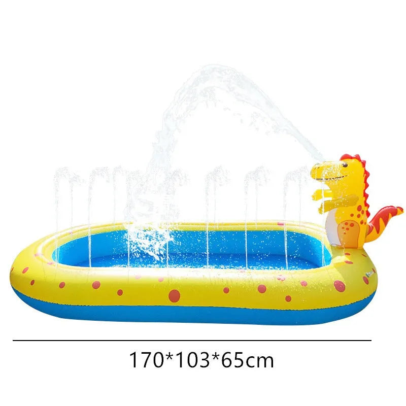 Blue dinosaur inflatable water spray pool with shark design play mat and spray toys