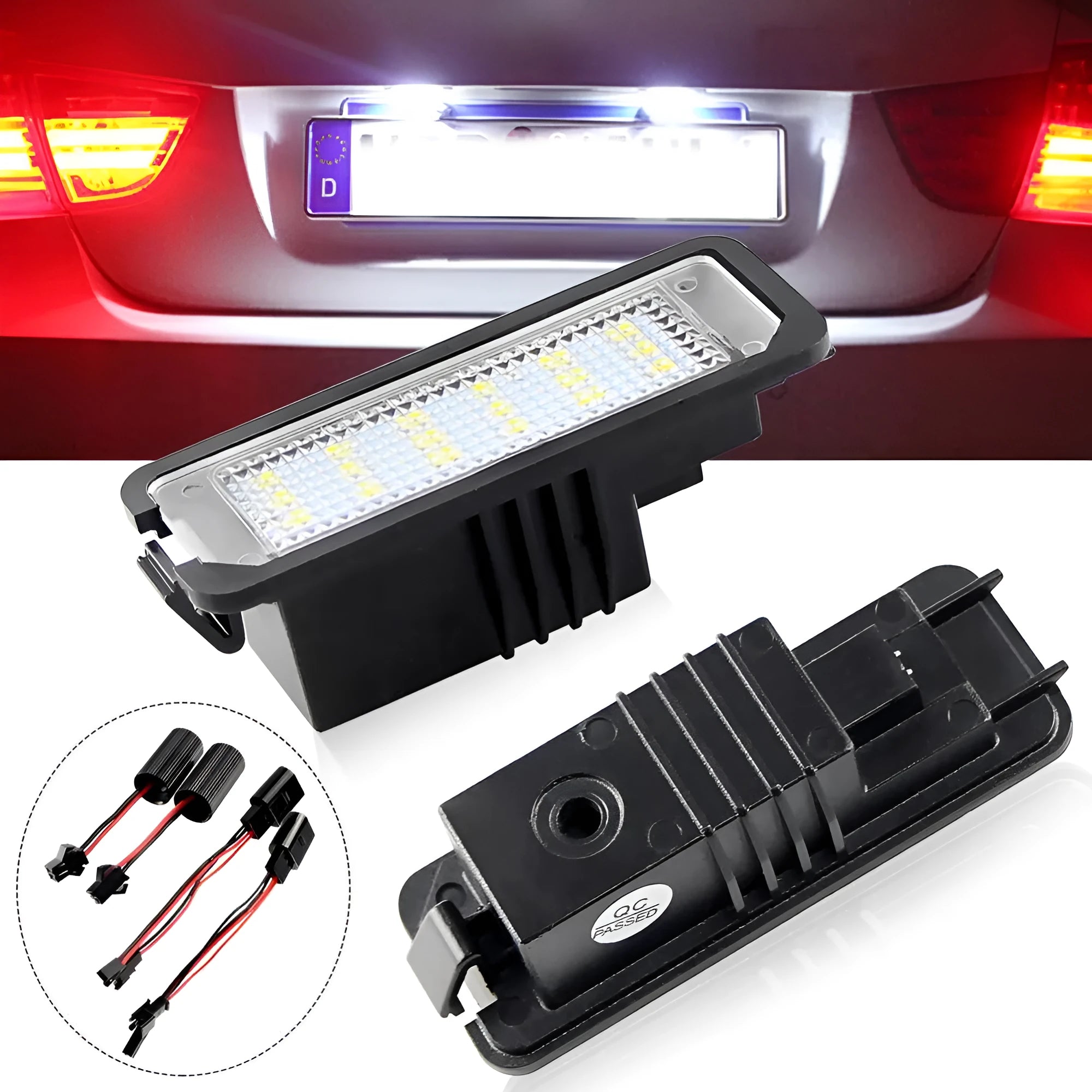 Pair of white LED license plate light bulbs for Volkswagen cars with Canbus resistors.