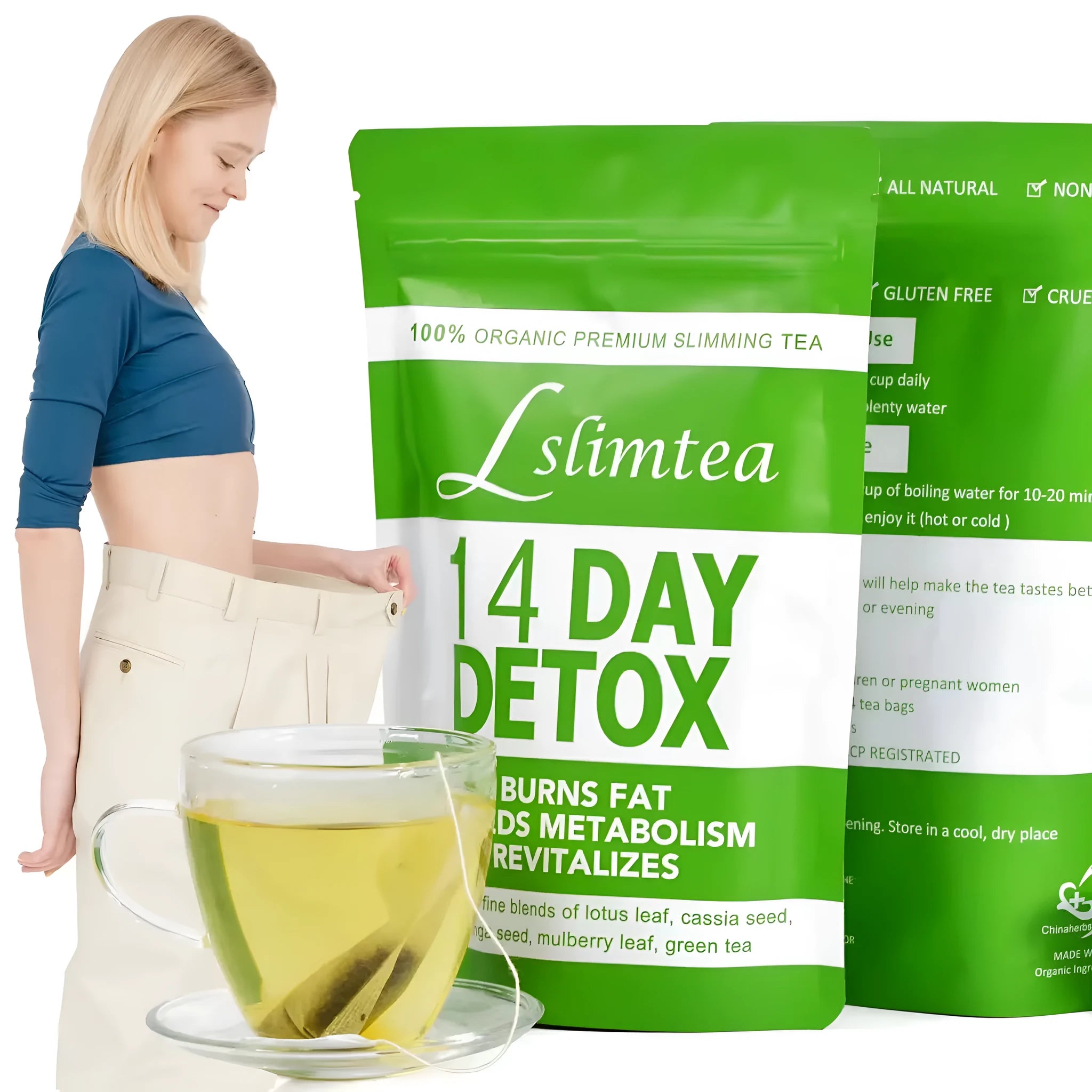 14-day herbal detox tea programme with 14 individual 3g tea sachets in packaging