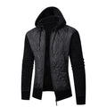 A grey men's hooded cardigan coat in wool and corduroy fabric with a cinched waist.