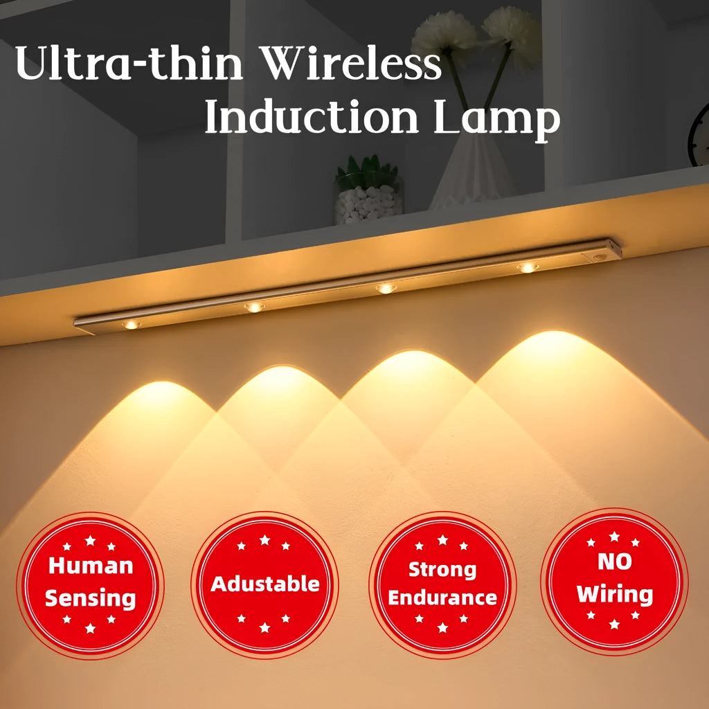 Thin silver aluminium USB rechargeable LED light strip with motion sensor for cabinet mounting