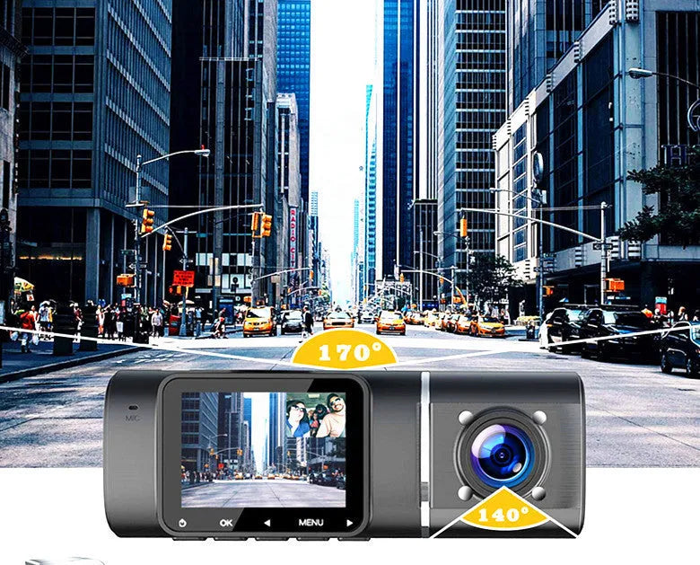 Standard black 1080p dual recording dash cam with a 1.5-inch screen on a car windscreen.