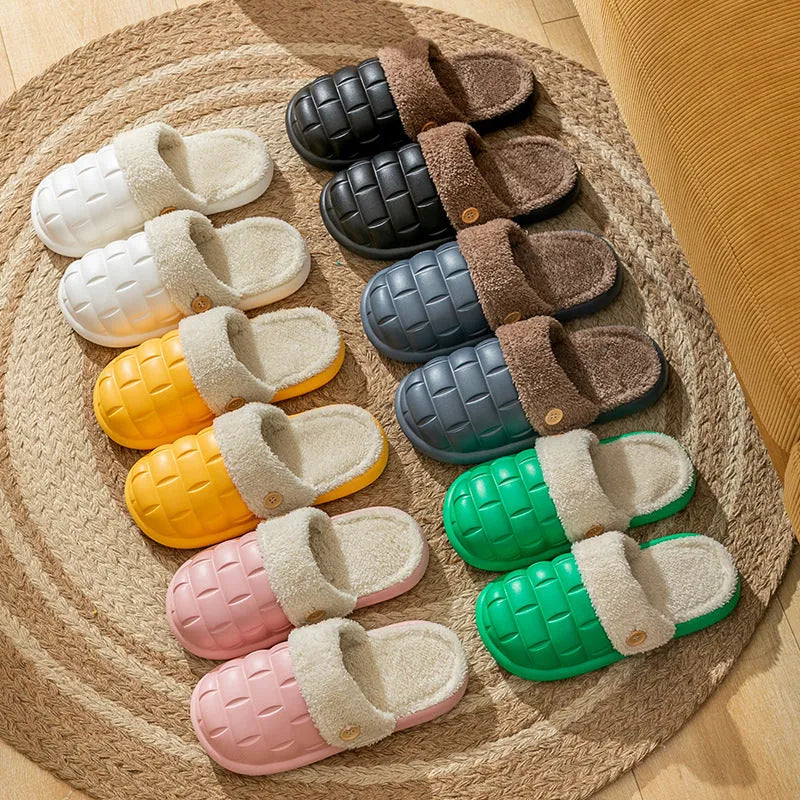 Plaid detachable EVA house slippers with plush lining, shown in assorted colours.