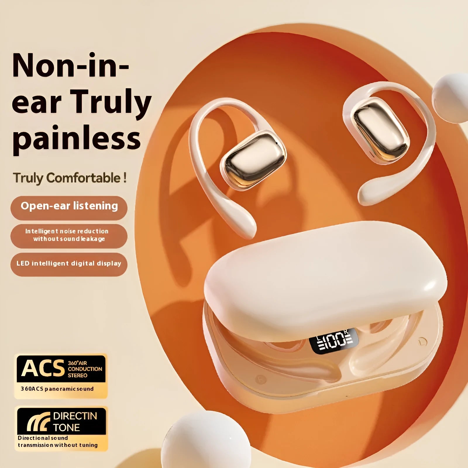 Ear-mounted headphones with digital display screen in skin colour, black, and white options.