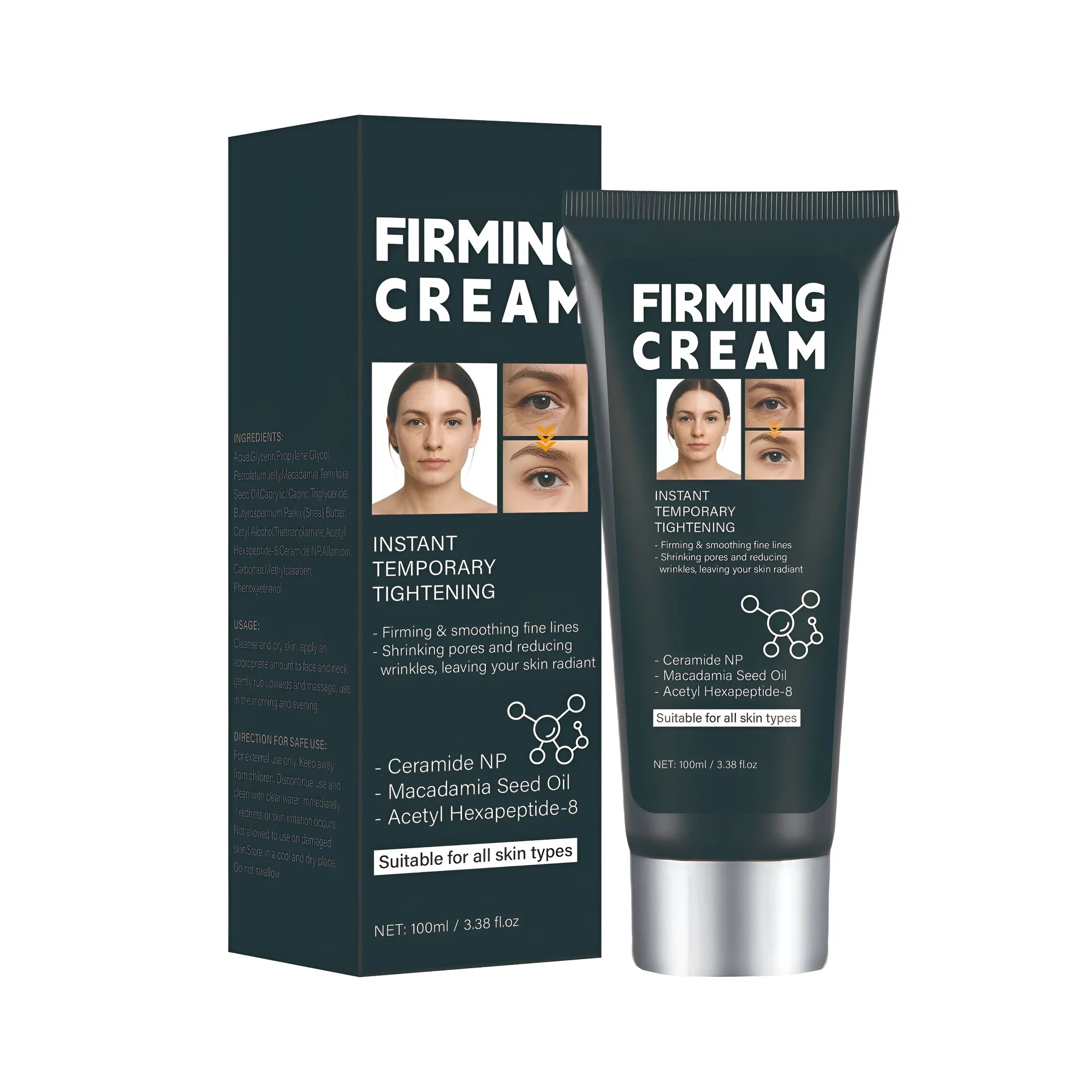 Compact neutral packaging facial firming cream 100ml pot on plain background