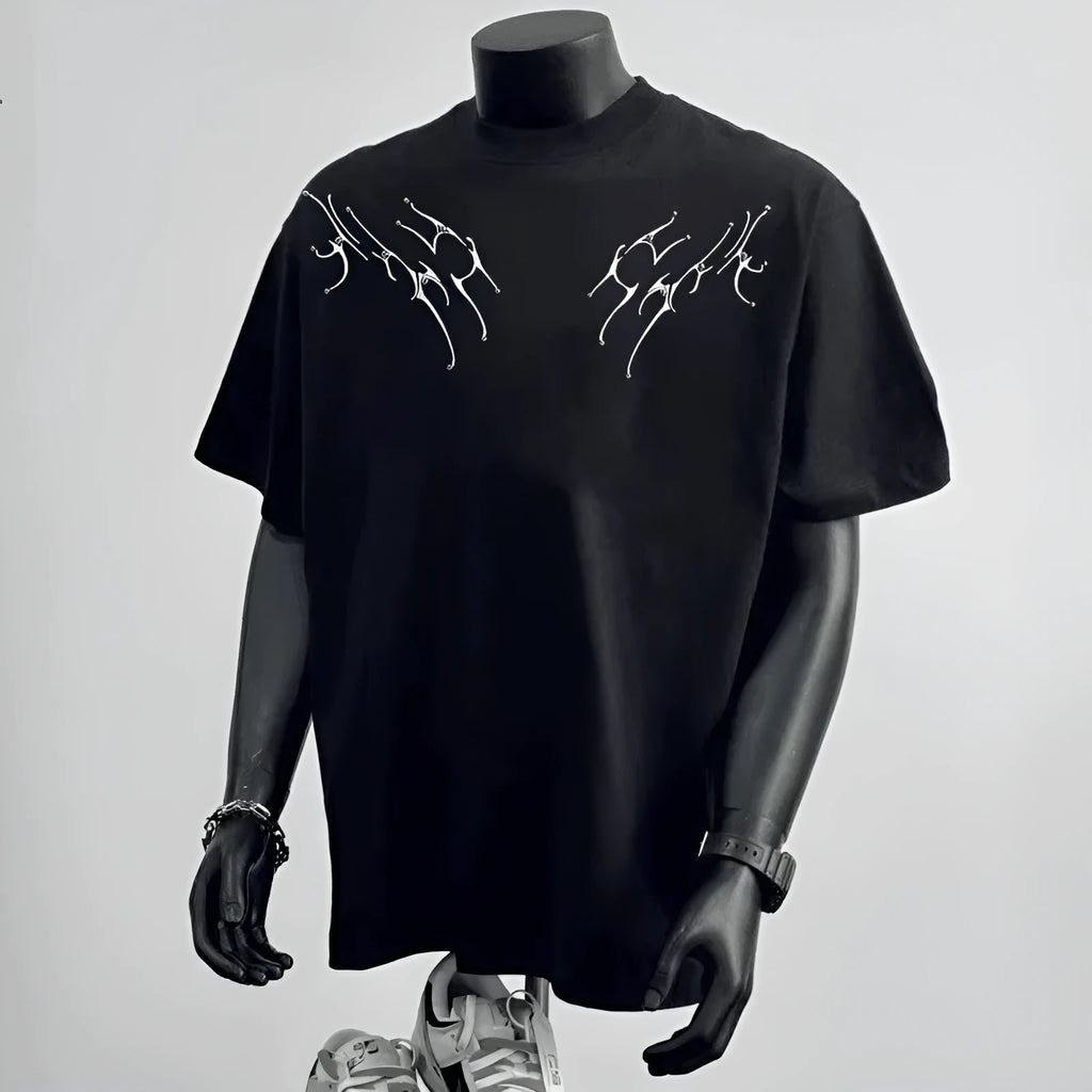 Men's black loose fit cotton printed short sleeve t-shirt showing front design