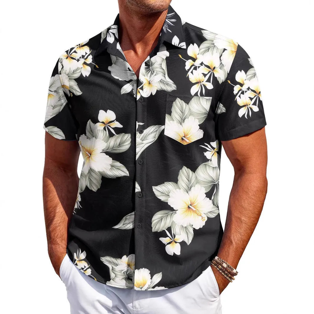 Man wearing a slim fit Hawaiian pattern short sleeve shirt in elastic polyester fabric.