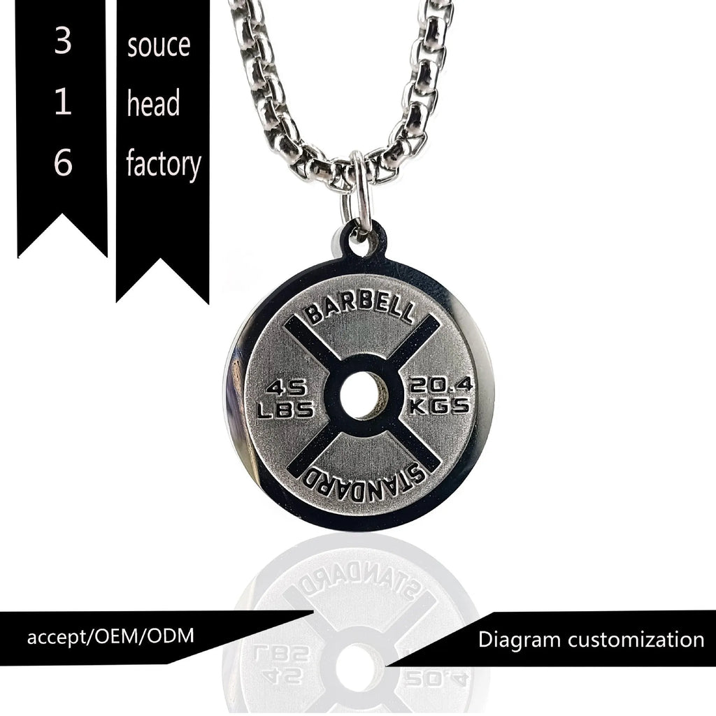 Stainless steel barbell disc pendant necklace with geometric sports design