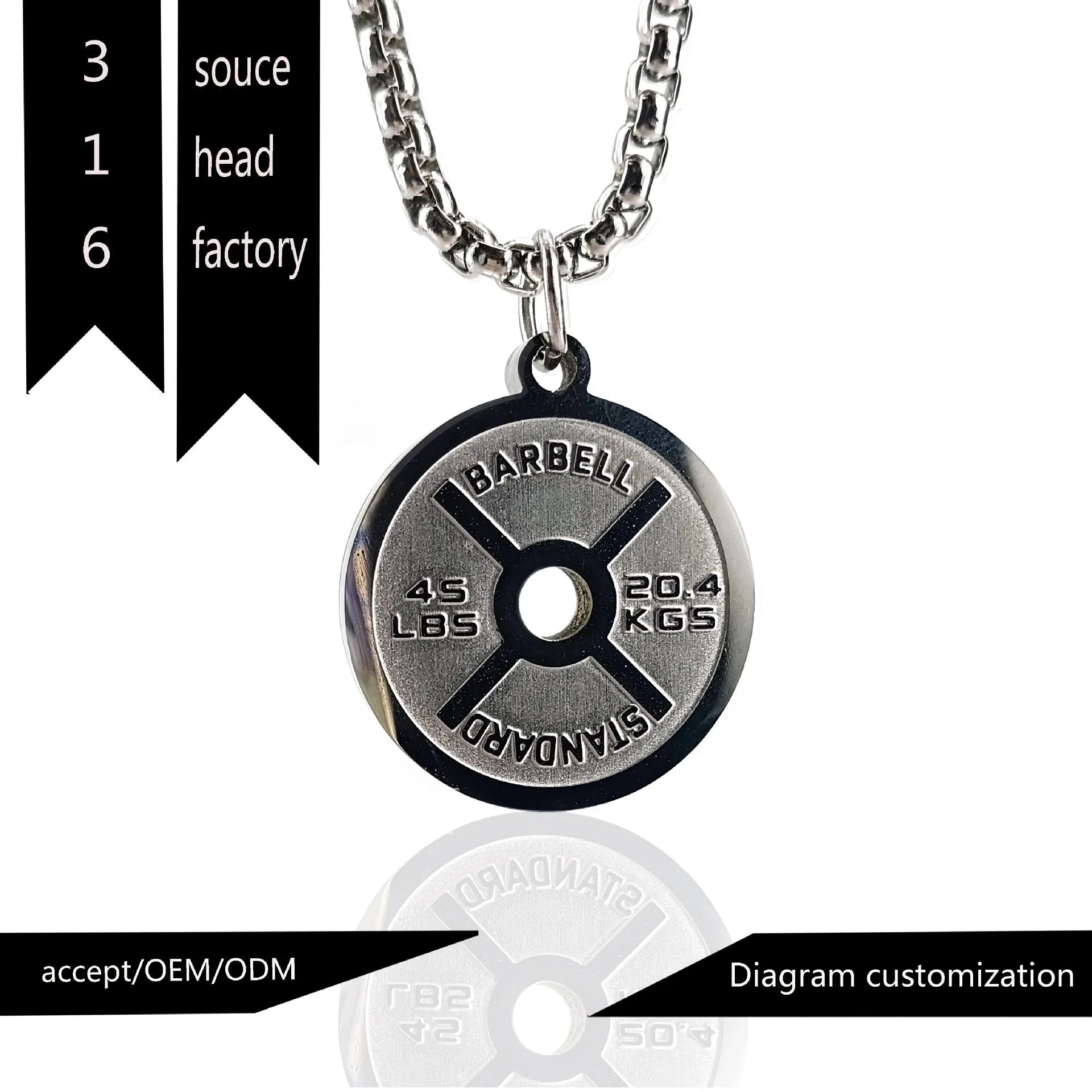 Stainless steel barbell disc pendant necklace with geometric sports design