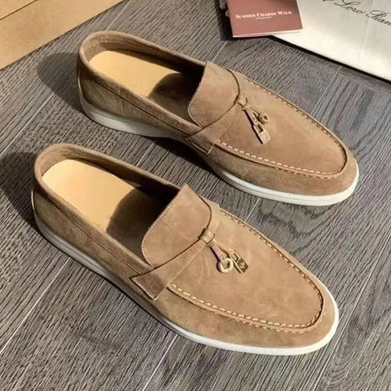 Neutral slip-on loafers with high-top artificial PU upper and Gommino rubber soles