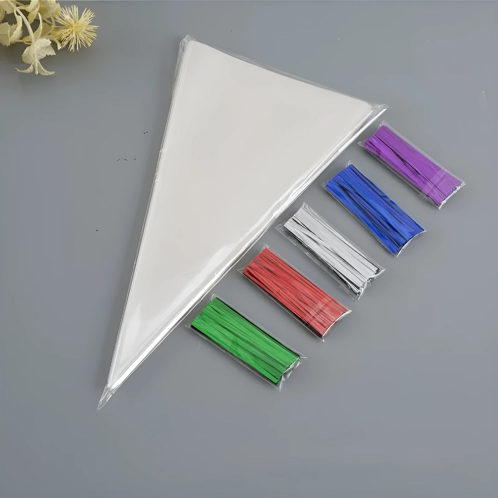 Transparent triangle plastic gift bags with built-in tie wire closures in three different sizes