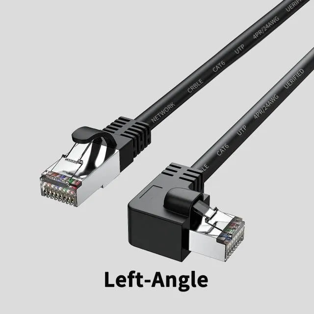 Cat6 Ethernet cable with right-angled metal RJ45 connectors in various colours including black, white, orange, and yellow.