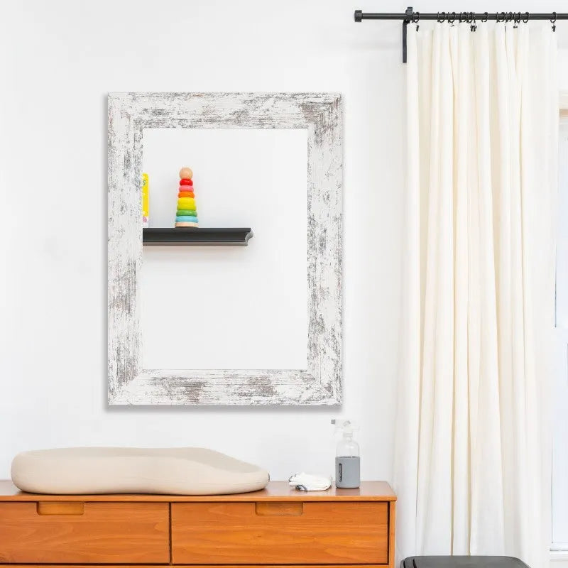 Wall-mounted pastoral style dressing mirror with retro Chinese frame in white finish