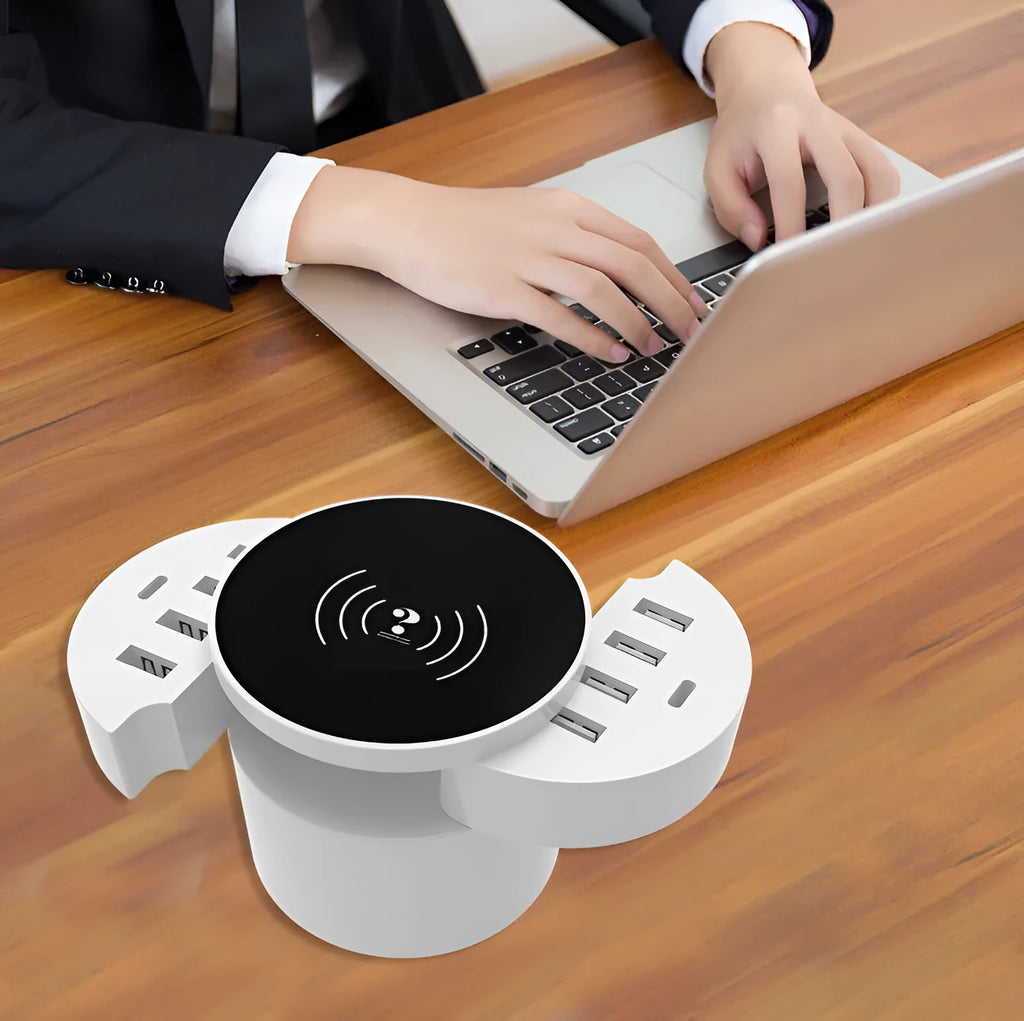 Circular white multi-port wireless charger with USB ports and international plug adapters